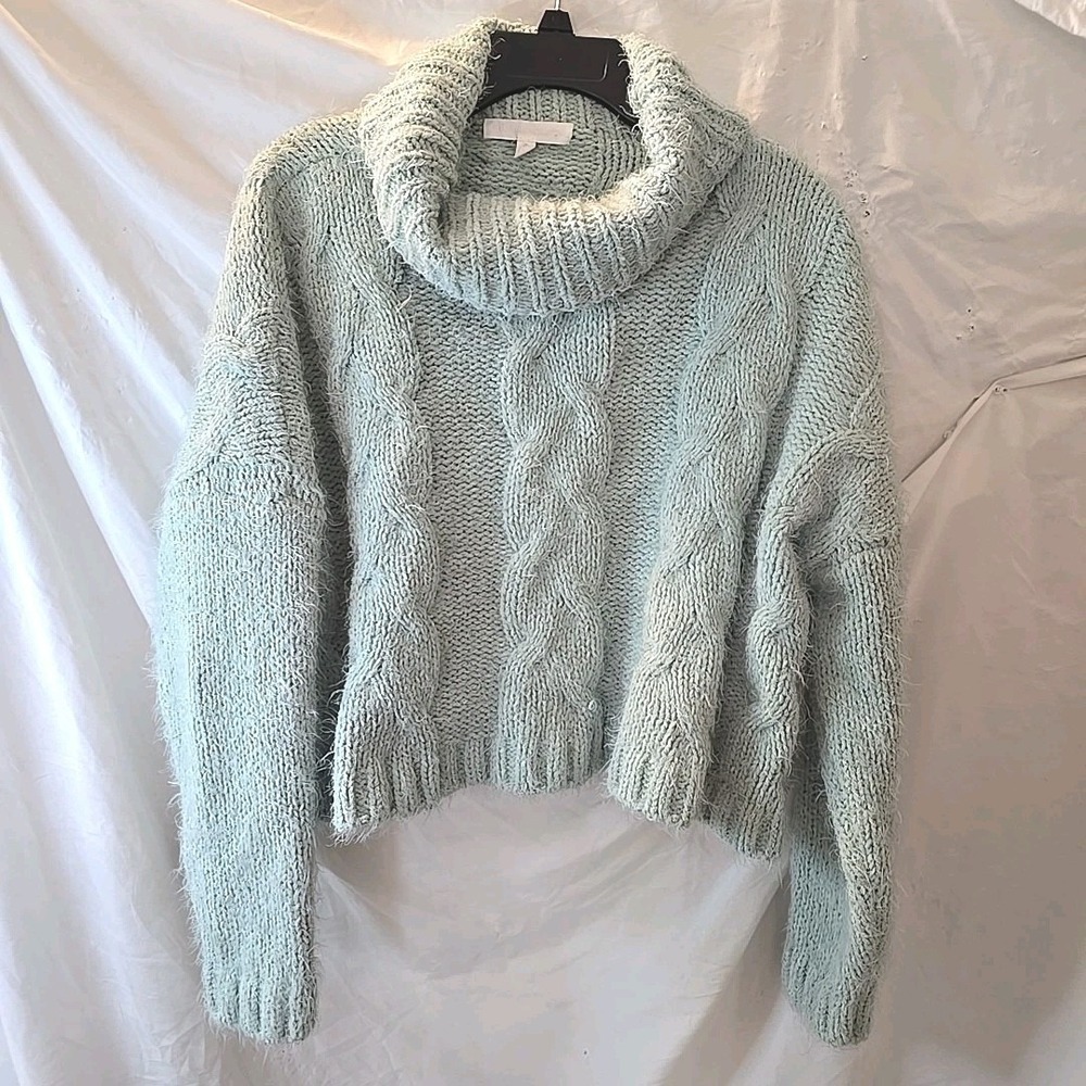 Adyson‎ Parker Cropped Oversized Chunky Knit Turtleneck Sweater Green Sz S Boho